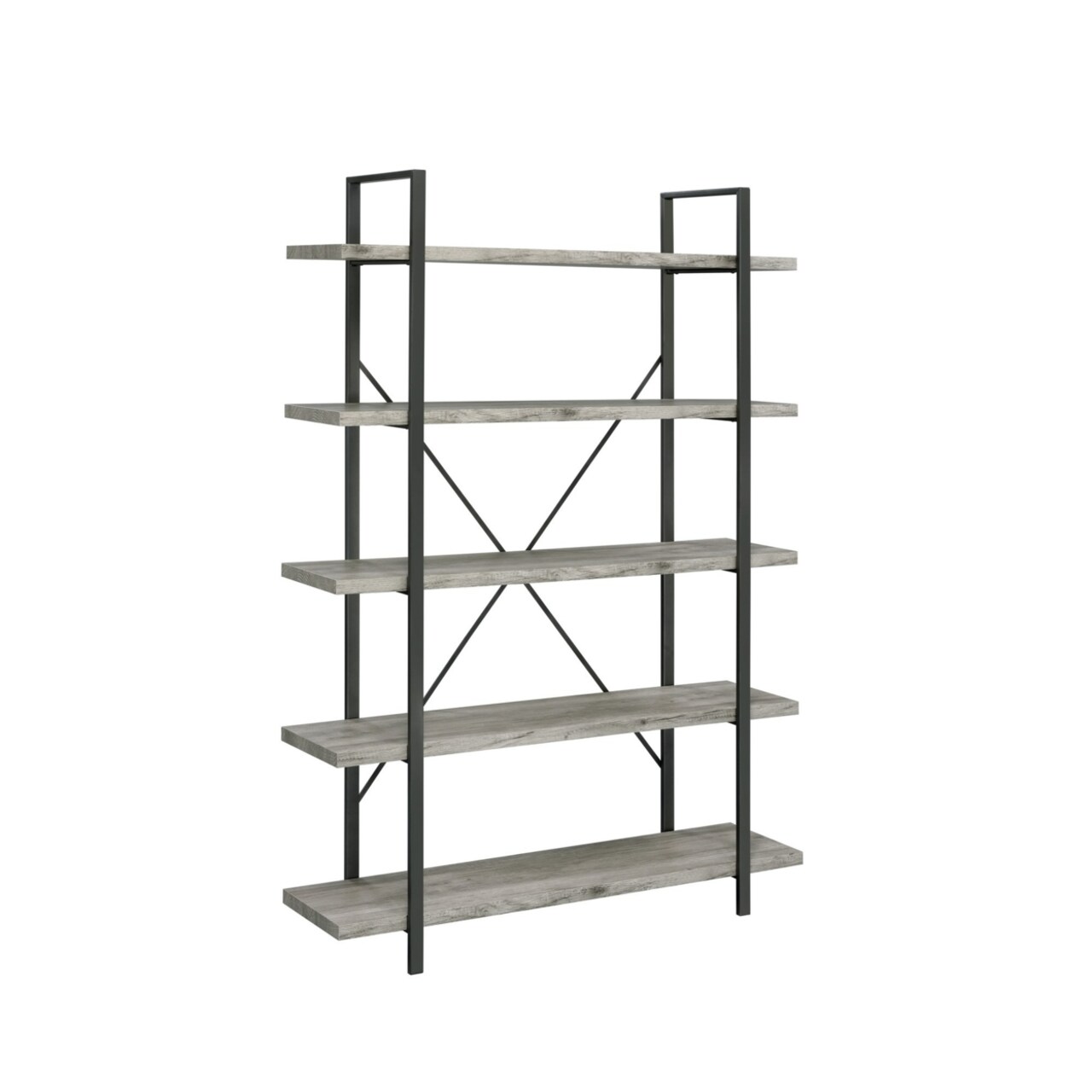 Saltoro Sherpi Ana 70 Inch Wood Bookcase, 5 Shelves, Crossed Metal Design, Light Gray